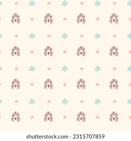 cute vector pattern with blue and pink flowers and a rainbow on a beige background