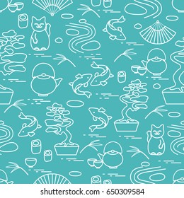 Cute vector pattern with bonsai tree, minimal rock garden, japanese lucky cat Maneki Neko, carp koi and other. Travel and leisure.