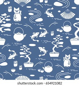 Cute vector pattern with bonsai tree, minimal rock garden, japanese lucky cat Maneki Neko, carp koi and other. Travel and leisure.