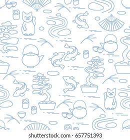 Cute vector pattern with bonsai tree, minimal rock garden, japanese lucky cat Maneki Neko, carp koi and other. Travel and leisure.