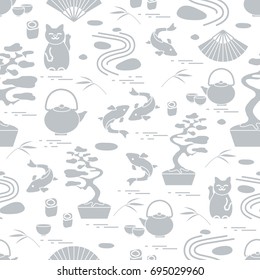 Cute vector pattern with bonsai tree, minimal rock garden, japanese lucky cat Maneki Neko, carp koi and other. Travel and leisure.