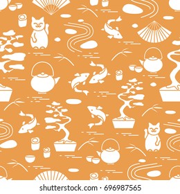 Cute vector pattern with bonsai tree, minimal rock garden, japanese lucky cat Maneki Neko, carp koi and other. Travel and leisure.