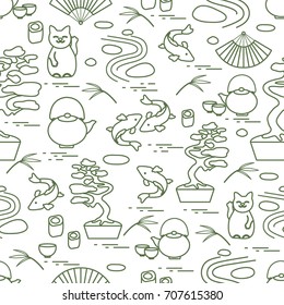 Cute vector pattern with bonsai tree, minimal rock garden, japanese lucky cat Maneki Neko, carp koi and other. Travel and leisure.