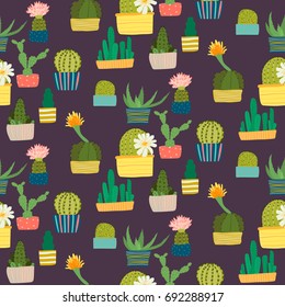 Cute vector pattern with bright different cactus 