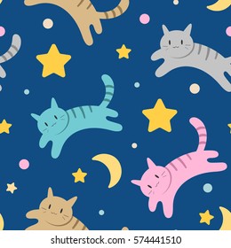 Cute vector pattern with cats, stars and moon for babies and kids. Seamless background made of illustrations in pastel colors. Good night decorative picture.