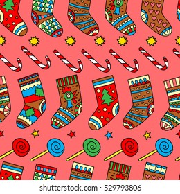 Cute vector pattern with Christmas socks, sweets and stars.