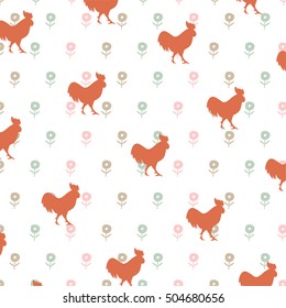 Cute vector pattern with cocks and flowers. Design illustration background roosters.