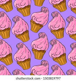 Cute vector pattern with cupcakes with pink cream on violet background. Beautiful element for food design.