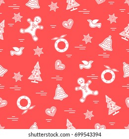 Cute vector pattern of different new year and christmas symbols. Winter theme. Design for postcard, banner, flyer, poster or print.