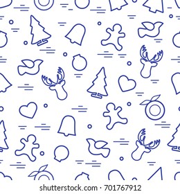 Cute vector pattern of different new year and christmas symbols. Winter theme. Design for postcard, banner, flyer, poster or print.