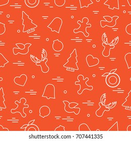 Cute vector pattern of different new year and christmas symbols. Winter theme. Design for postcard, banner, flyer, poster or print.