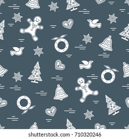 Cute vector pattern of different new year and christmas symbols. Winter theme. Design for postcard, banner, flyer, poster or print.