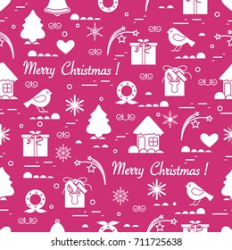 Cute vector pattern of different new year and christmas symbols. Winter theme. Design for postcard, banner, poster or print.