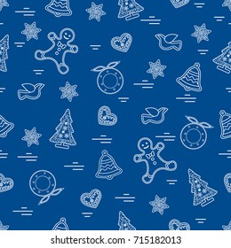 Cute vector pattern of different new year and christmas symbols. Winter theme. Design for postcard, banner, flyer, poster or print.