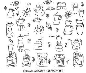 Cute Vector pattern in Doodle style. Set of turkeys, mugs, seeds, leaves, flowers of coffee and coffee makers. For design, menu, cafe, wrapping paper. Coloring book-recreation for children and adults.