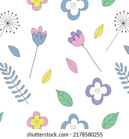 Cute vector pattern in doodle style.  Minimalistic background with flowers.  Colorful flat illustration.