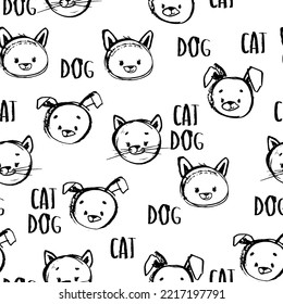 Cute vector pattern with face dog and cat. Pattern in grunge style. seamless background for nursery decor, fabrics, children's textiles, wrapping paper.
