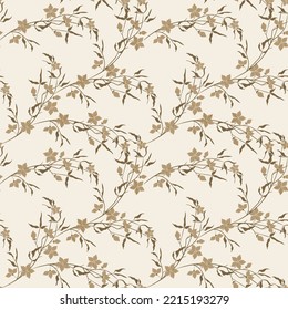 Cute vector pattern.  Floral seamless texture. Abstract pastel background with simple  brown flowers pinstripe and  leaves. Subtle ornament. Elegant repeat design for decor, fabric, print, wallpapers