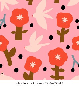 Cute vector pattern with flowers and birds. Seamless texture with cut out flowers, birds, dots and berries. Artistic background in childish naive style