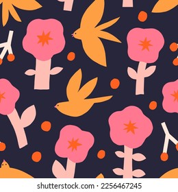 Cute vector pattern with flowers and birds. Seamless texture with cut out flowers, birds, dots and berries. Artistic background in childish naive style