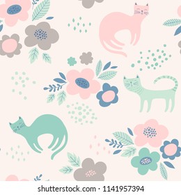 Cute vector pattern with flowers and cats. Seamless floral background with abstract shapes.