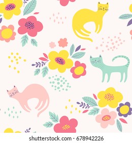 Cute vector pattern with flowers and cats. Seamless floral background. 