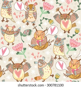 Cute vector pattern of flowers and funny owls.