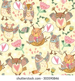 Cute vector pattern of flowers and funny owls.
