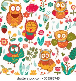 Cute vector pattern of flowers and funny owls.
