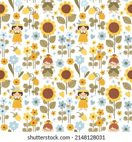 Cute vector pattern with flowers, sunflowers and little fairies. Seamless background in cartoon style. Garden flowers and cute fairies texture for decor, textiles, fabrics, wallpapers, etc.