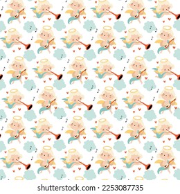 Cute vector pattern with flying angels. Cupids play musical instruments.