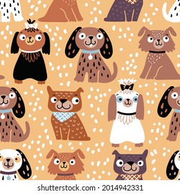 Cute vector pattern with funny dogs. Seamless texture in cartoon style.