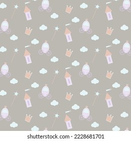 adorable patrón vectorial para niñas princesa con carruaje de castillo y corona