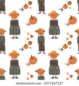 cute vector pattern for halloween. characters: little men with a pumpkin head, a boy and a girl, pumpkins and leaves on a white background