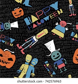 cute vector pattern of Halloween with  engrave texture, text Happy Halloween, pumpkin, fictitious characters. very good for wallpaper, Halloween party invitation card, background, textile and other 