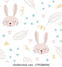 Cute vector pattern with hand drawn bunny, feathers and stars. Seamless scandinavian background.