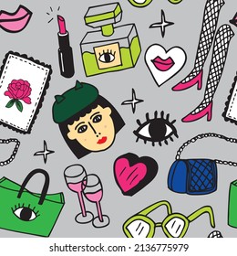 Cute vector pattern with handbag
and funny graphics