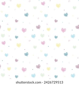 Cute vector pattern with hearts, spirals, and dots in a soft color palette.