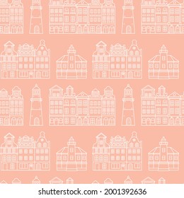 Patrón vectorial lindo con casas en un fondo rosado en el estilo doodle. Ilustración lineal sin inconvenientes con elementos arquitectónicos para imprimir en tela, embalaje, ropa y mucho más.
