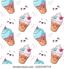 Cute vector pattern with ice cream and smiling faces on white background