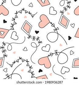 cute vector pattern with kites in pastel colors, hearts on the background, white background