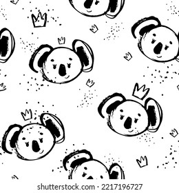 Cute vector pattern with koala and crown. Pattern in grunge style. seamless background for nursery decor, fabrics, children's textiles, wrapping paper.