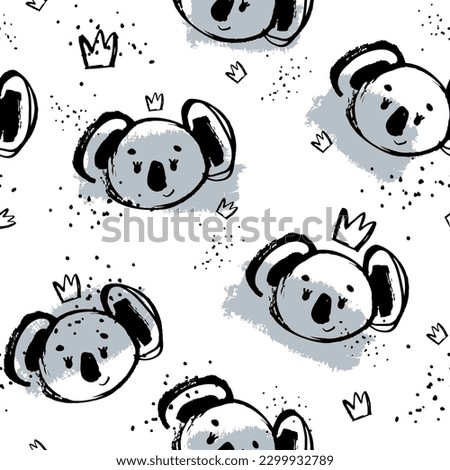 Cute vector pattern with koala and crown. Pattern in grunge style. seamless background for nursery decor, fabrics, children's textiles, wrapping paper.