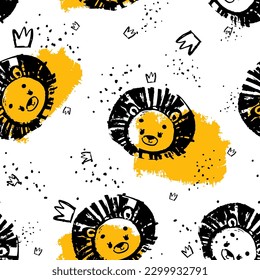 Cute vector pattern with lion and crown. Pattern in grunge style. seamless background for nursery decor, fabrics, children's textiles, wrapping paper.