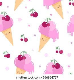 Cute vector pattern with melting cherry ice-cream cones dripping. Seamless background for children in pastel colors.