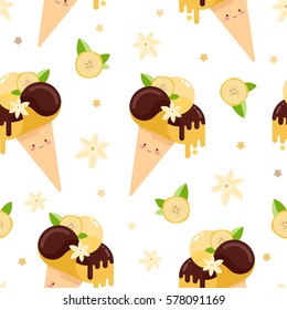 Cute vector pattern with melting chocolate banana ice cream cones dripping. Seamless background for prints, fabric and wrapping paper.