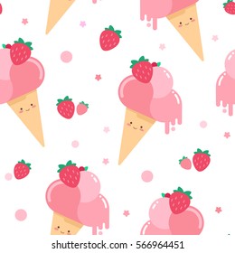 Cute vector pattern with melting strawberry ice-cream cones dripping. Seamless background for children in pastel colors.