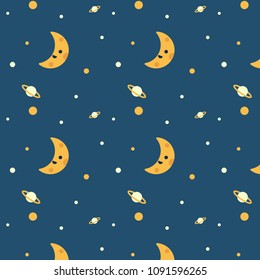 Cute vector pattern of Moon and stars.Beautiful cartoon seamless pattern. Night sky space.Vector illustration.