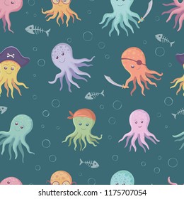Cute vector pattern with multicolored octopus pirates on a dark blue-green background.