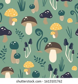 Cute vector pattern with mushrooms in the forest